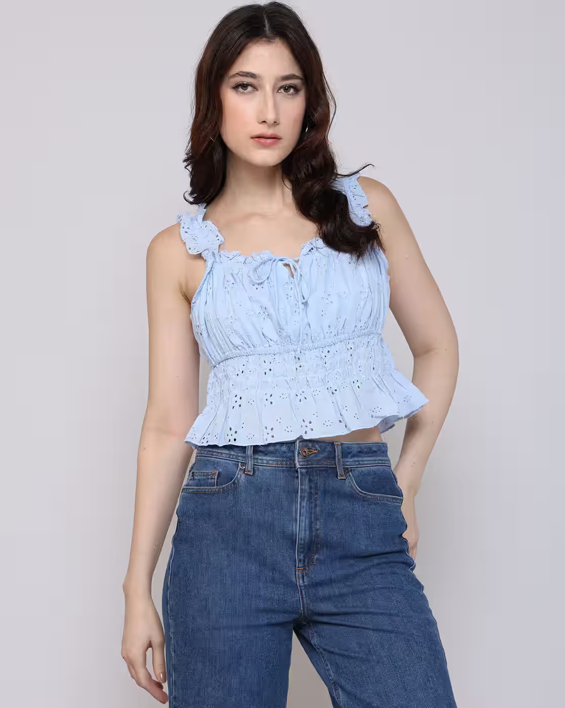Schiffli top with smocking, blue, s - Lee Cooper blue