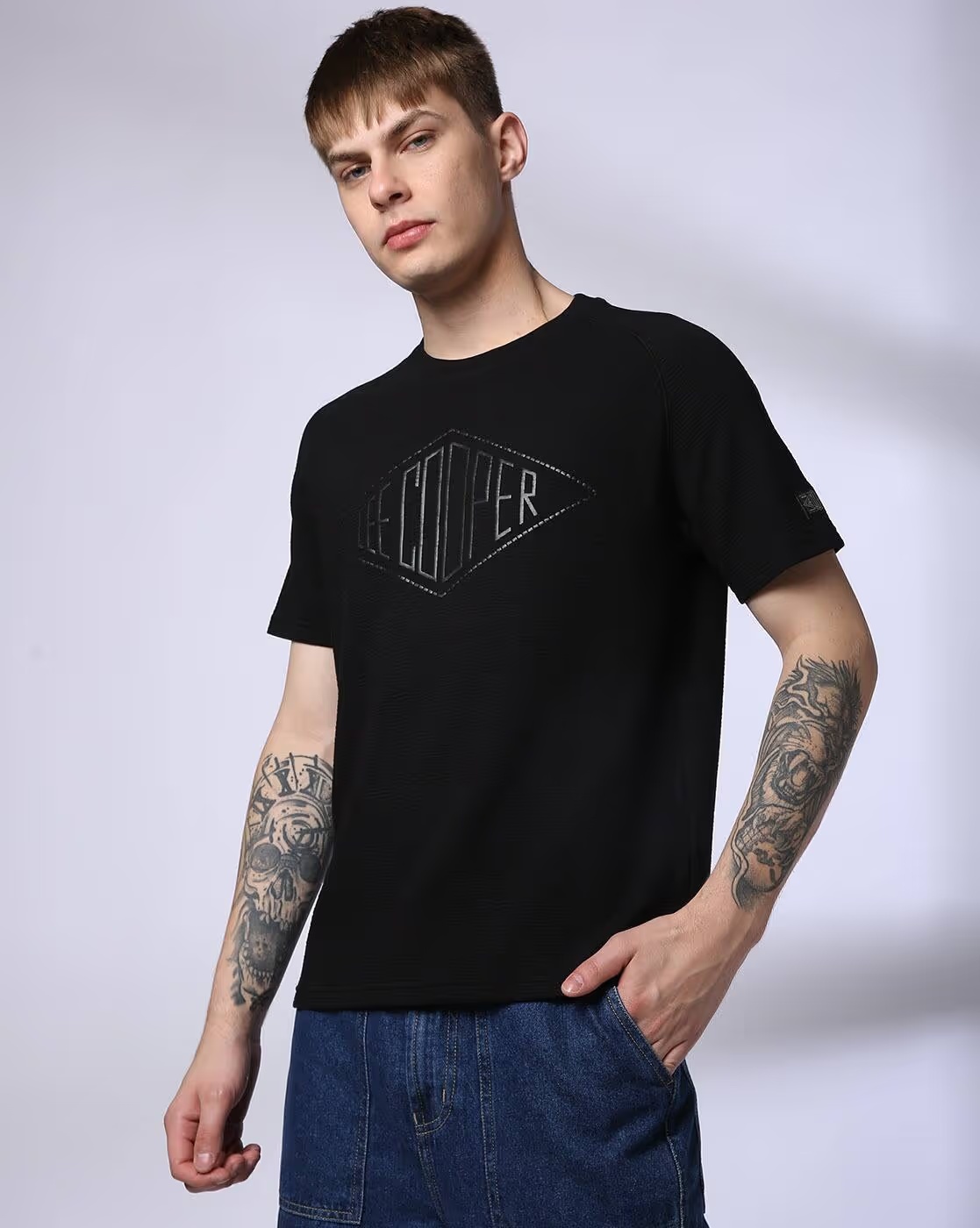 Men Brand Print Oversized Crew-Neck T-Shirt - Lee Cooper Black