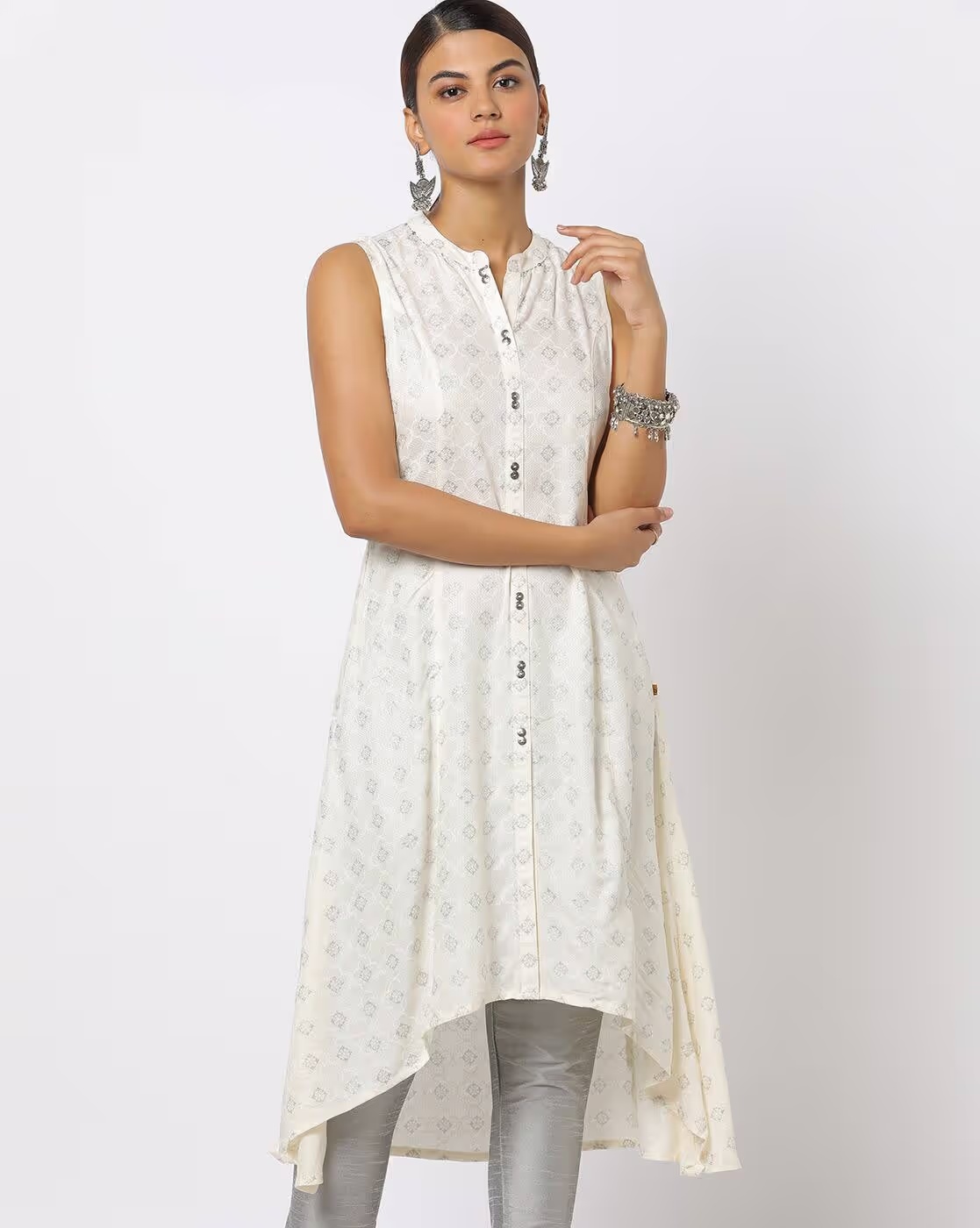 Dobby Print A-Line Kurta with High-Low Hem - AVAASA MIX N' MATCH Cream