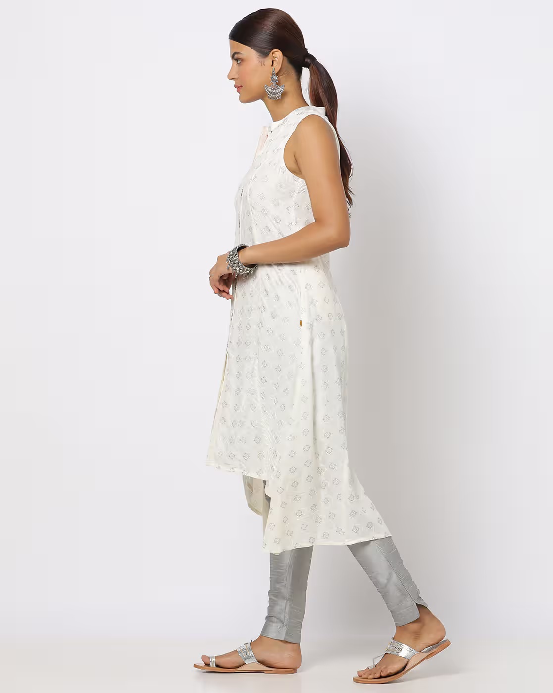 Dobby Print A-Line Kurta with High-Low Hem - AVAASA MIX N' MATCH Cream