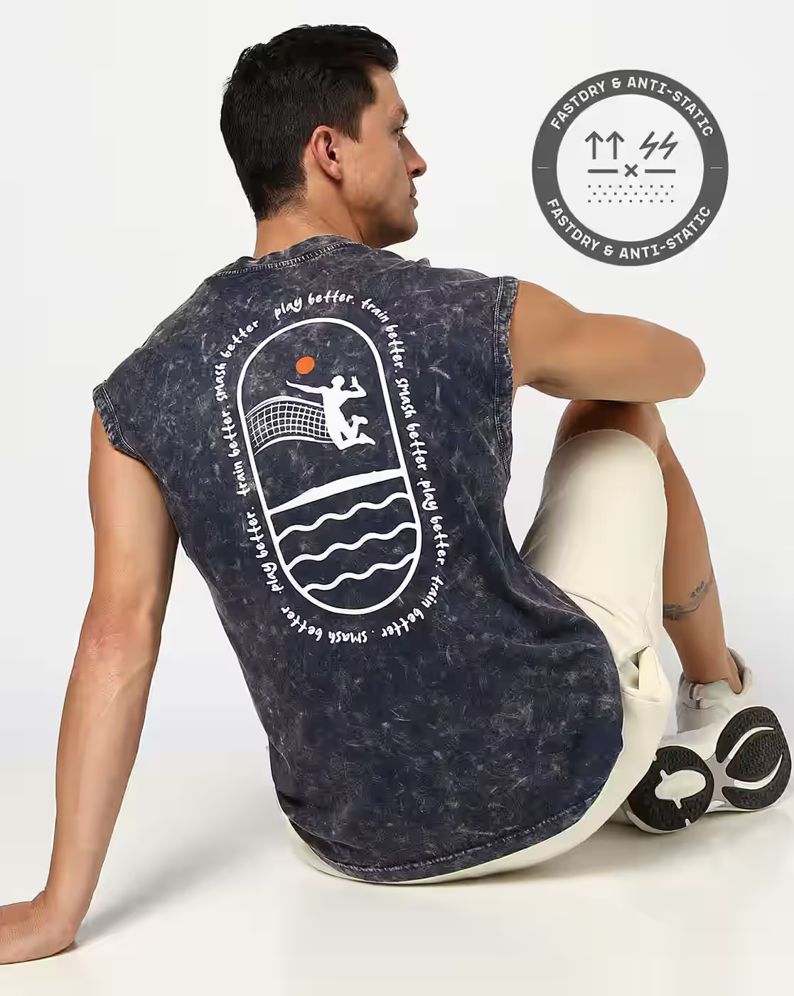 Men Acid Washed Tank T-Shirt - PERFORMAX Navy Blue