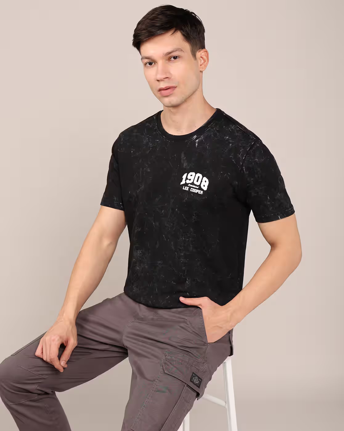 Men Brand Print Regular Fit Crew-Neck T-Shirt - Lee Cooper Black
