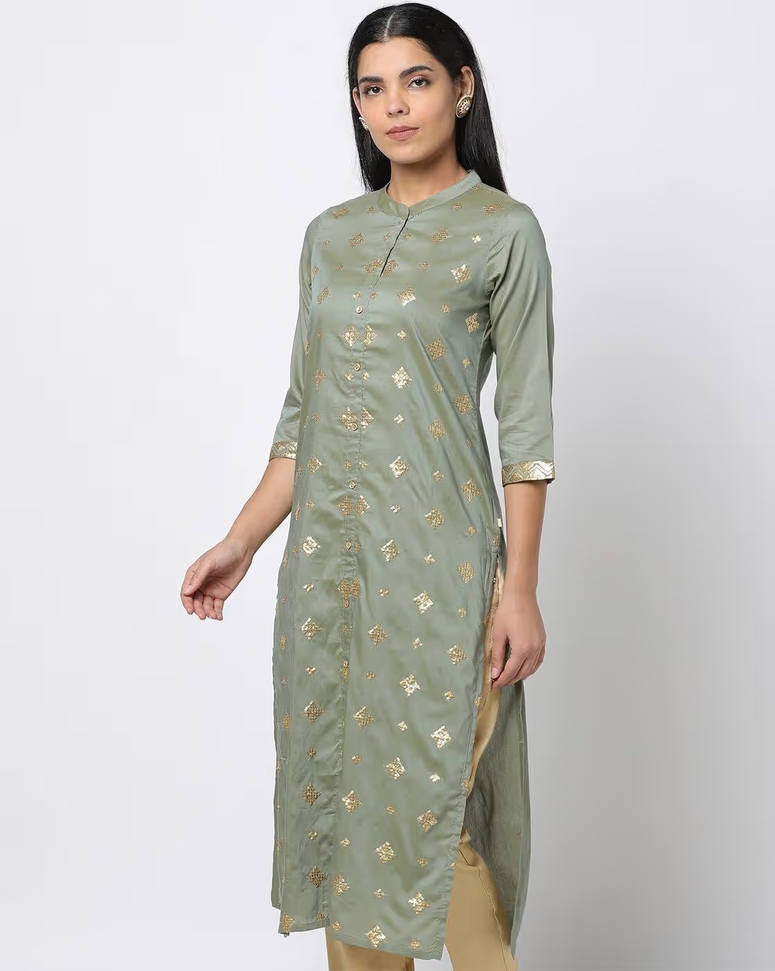 Embellished Straight Kurta - AVAASA MIX N' MATCH Olive