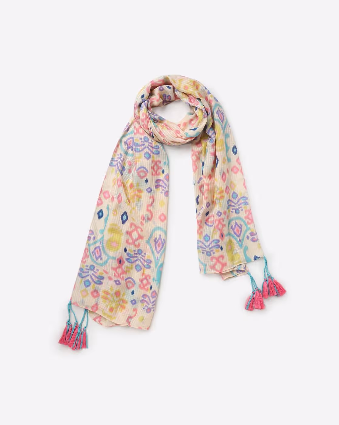 Floral Print Scarf with Tassels - FIG