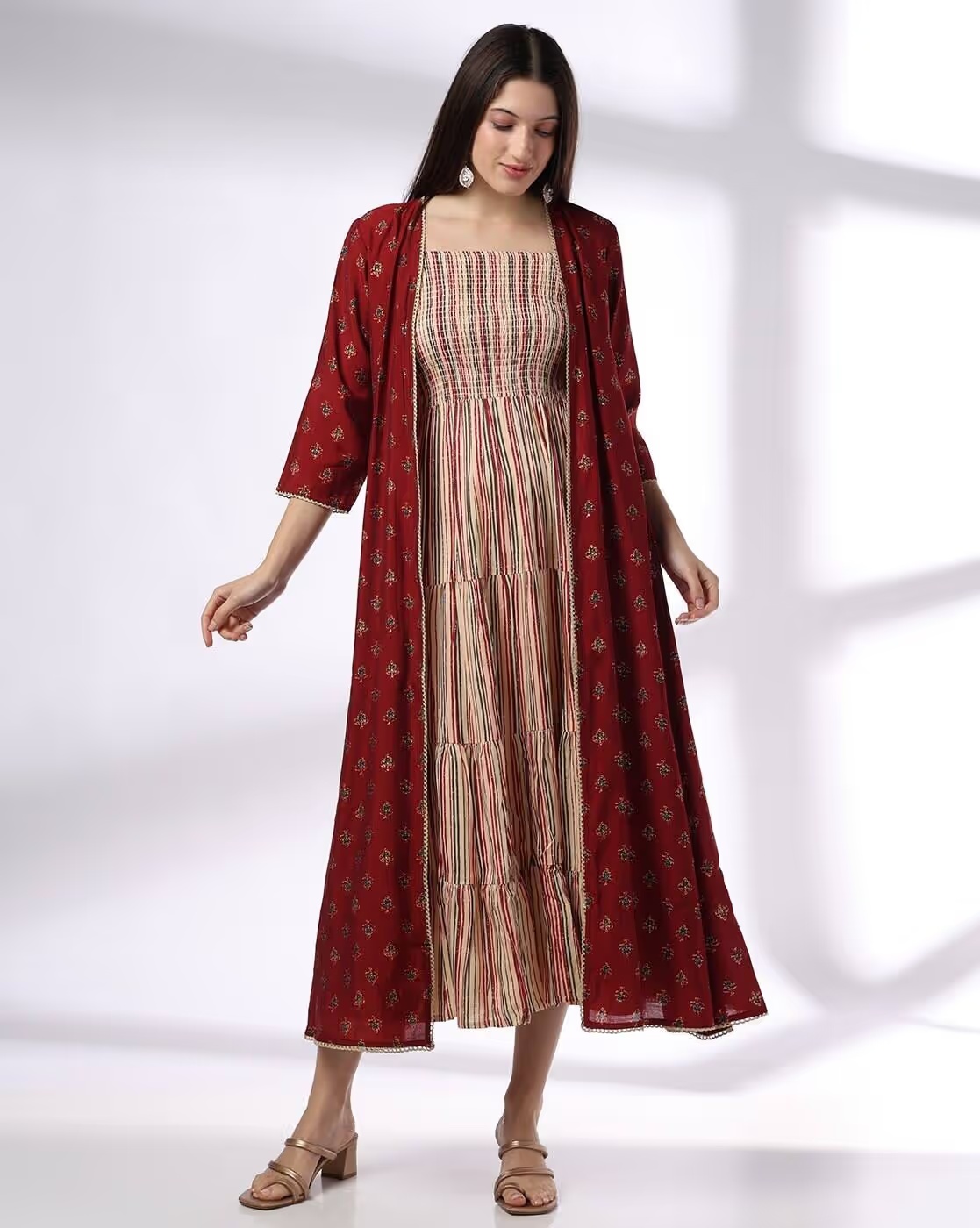 Women Striped Tiered Dress with Jacket - AVAASA SET