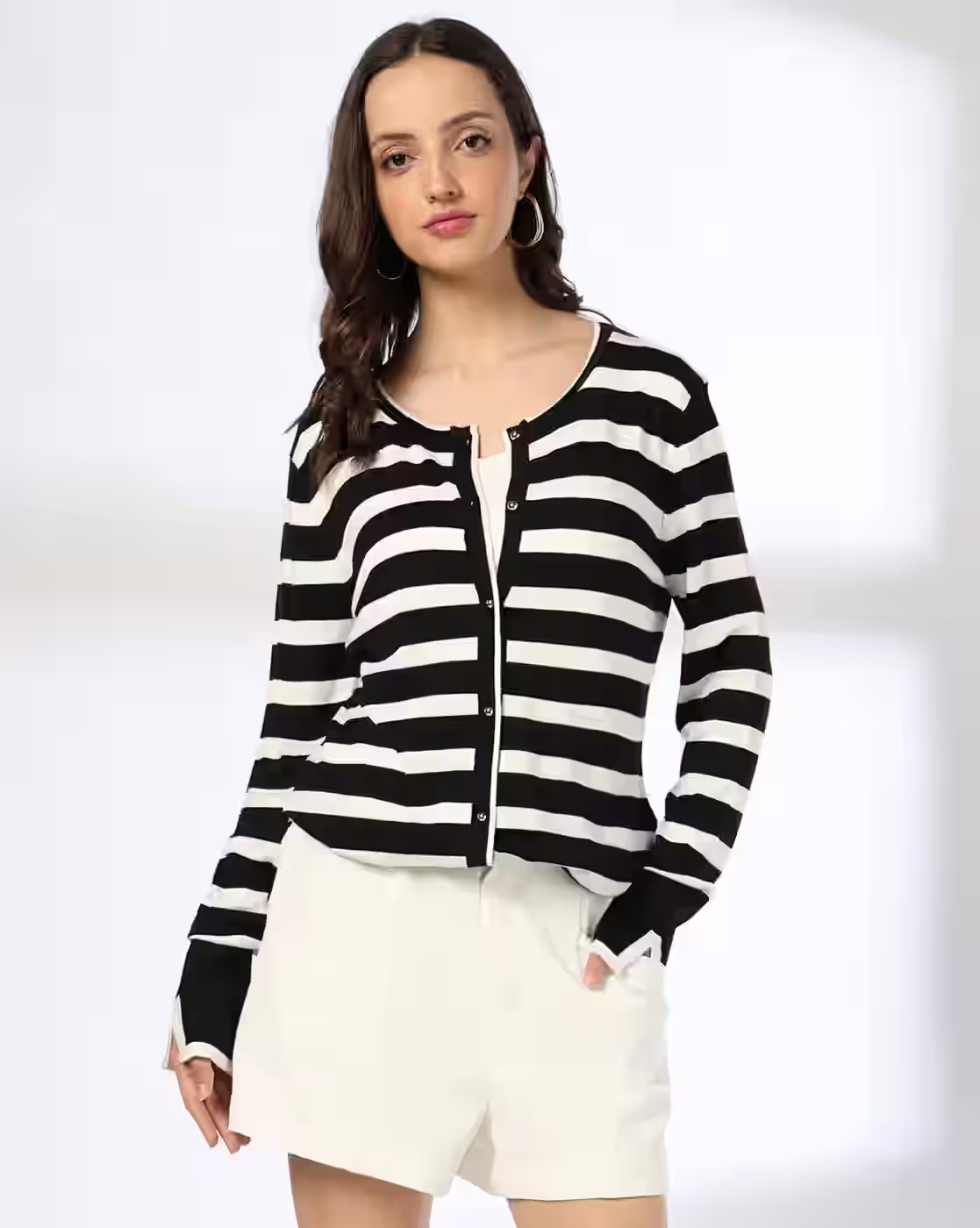 Women Striped Round-Neck Cardigan - FIG Jet Black