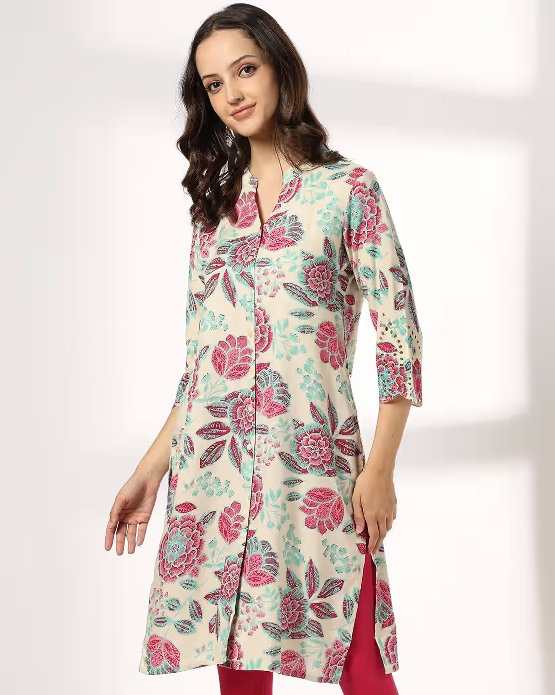 Women Floral Print Straight Kurta - SIYAHI Off White