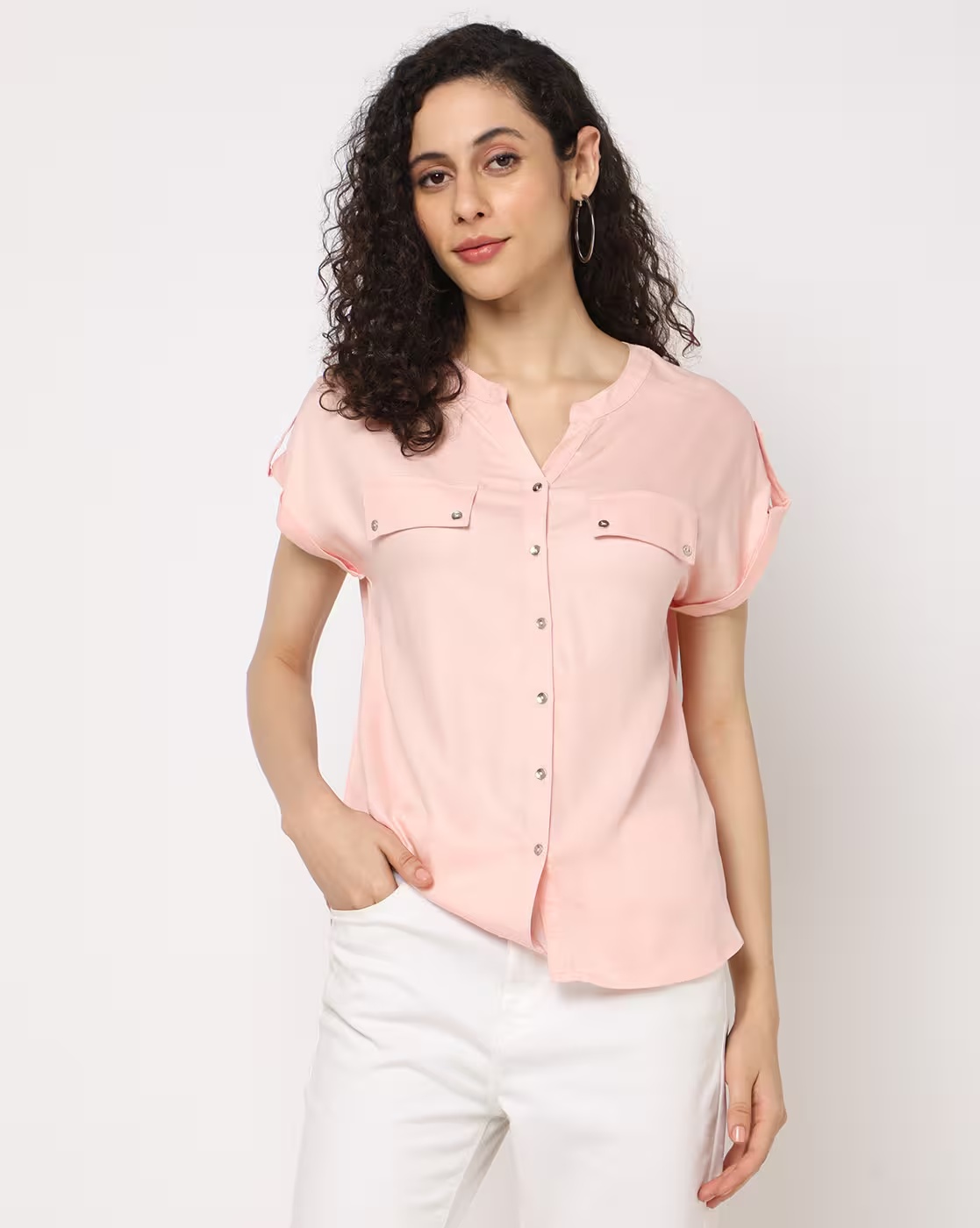 Button-Down Top with Mandarin Collar - DNMX Peach