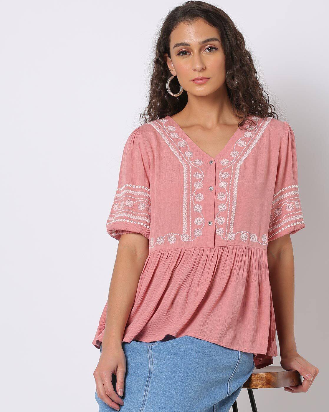 Embroidered Peplum Top - DNMX Pink