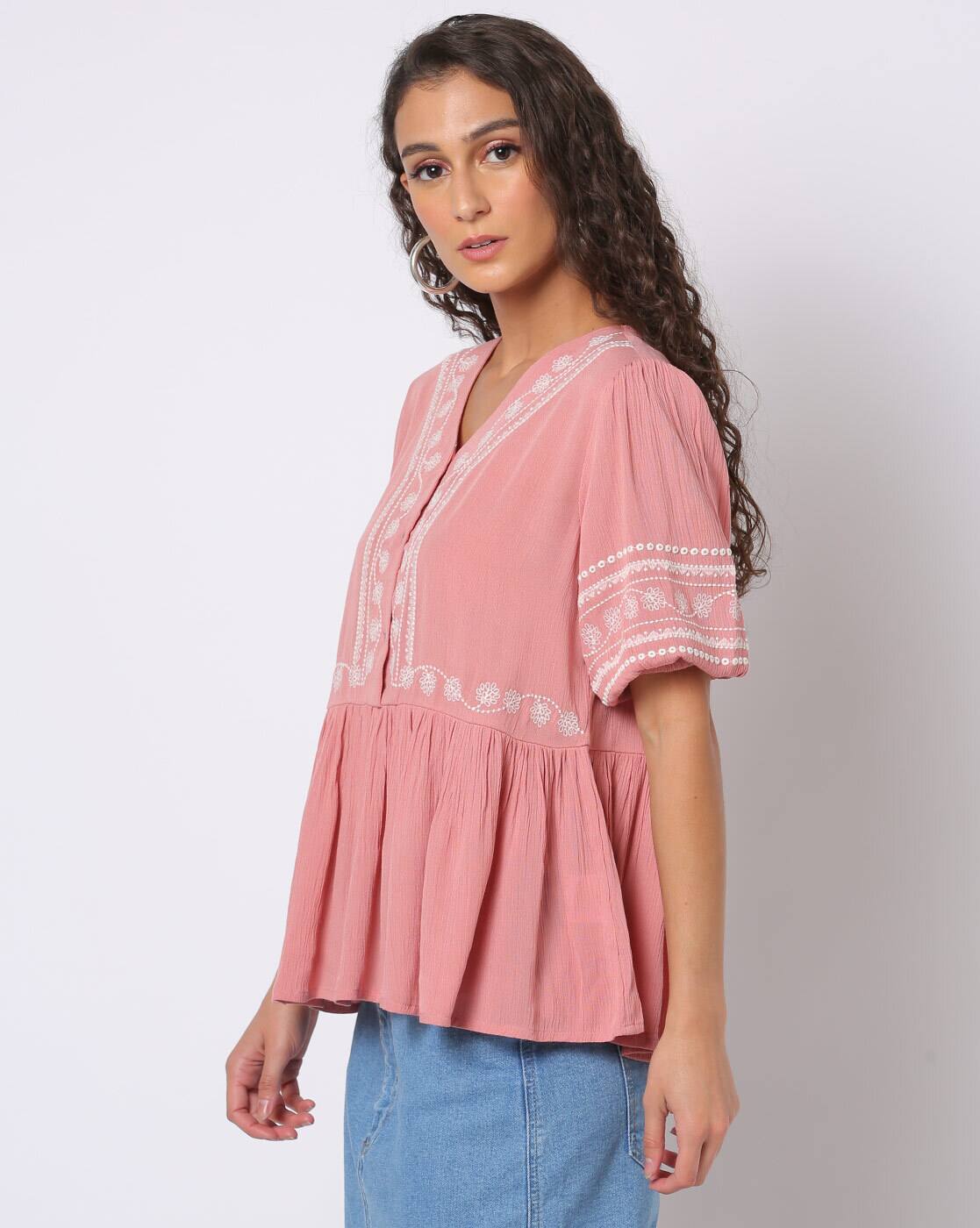 Embroidered Peplum Top - DNMX Pink