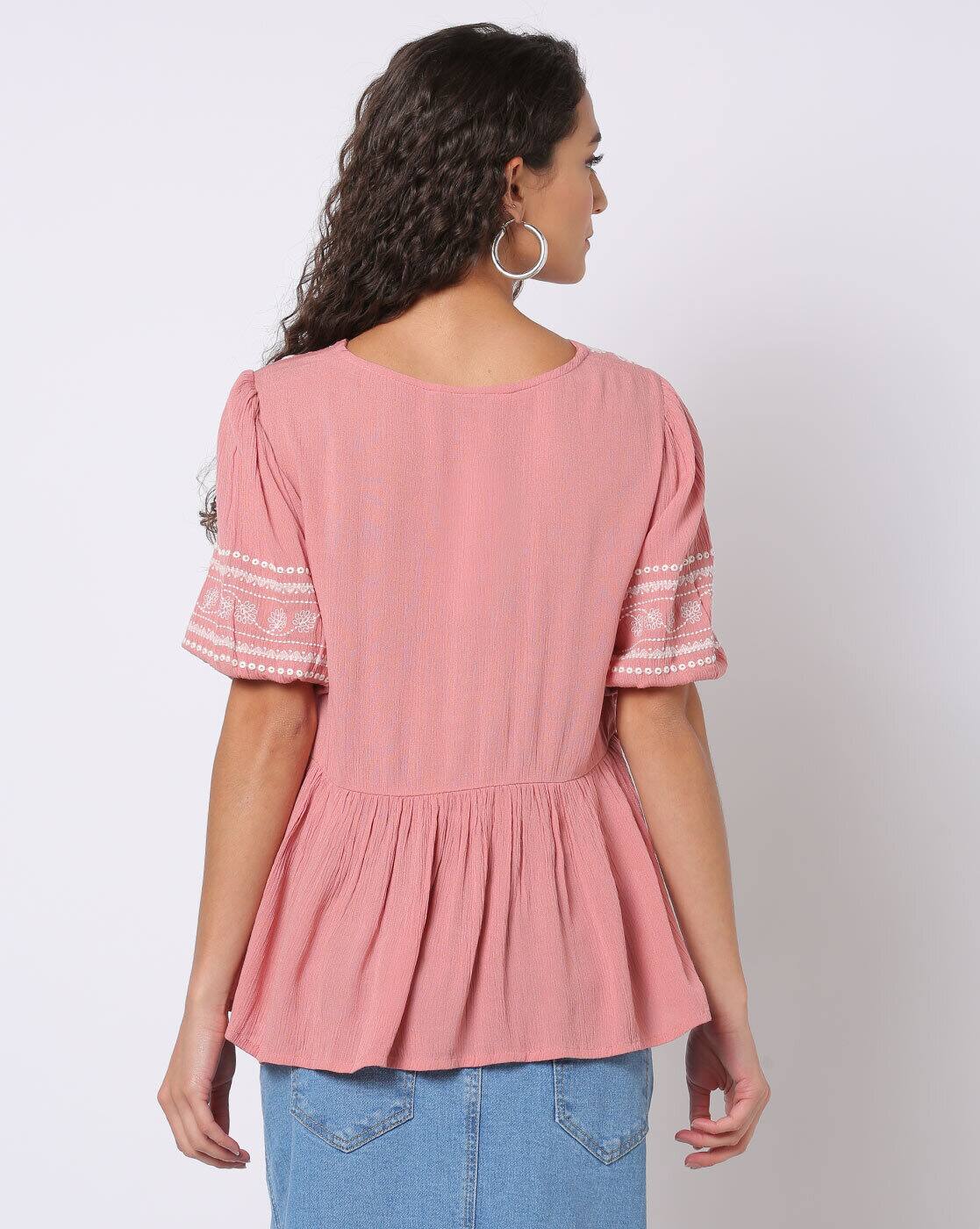 Embroidered Peplum Top - DNMX Pink