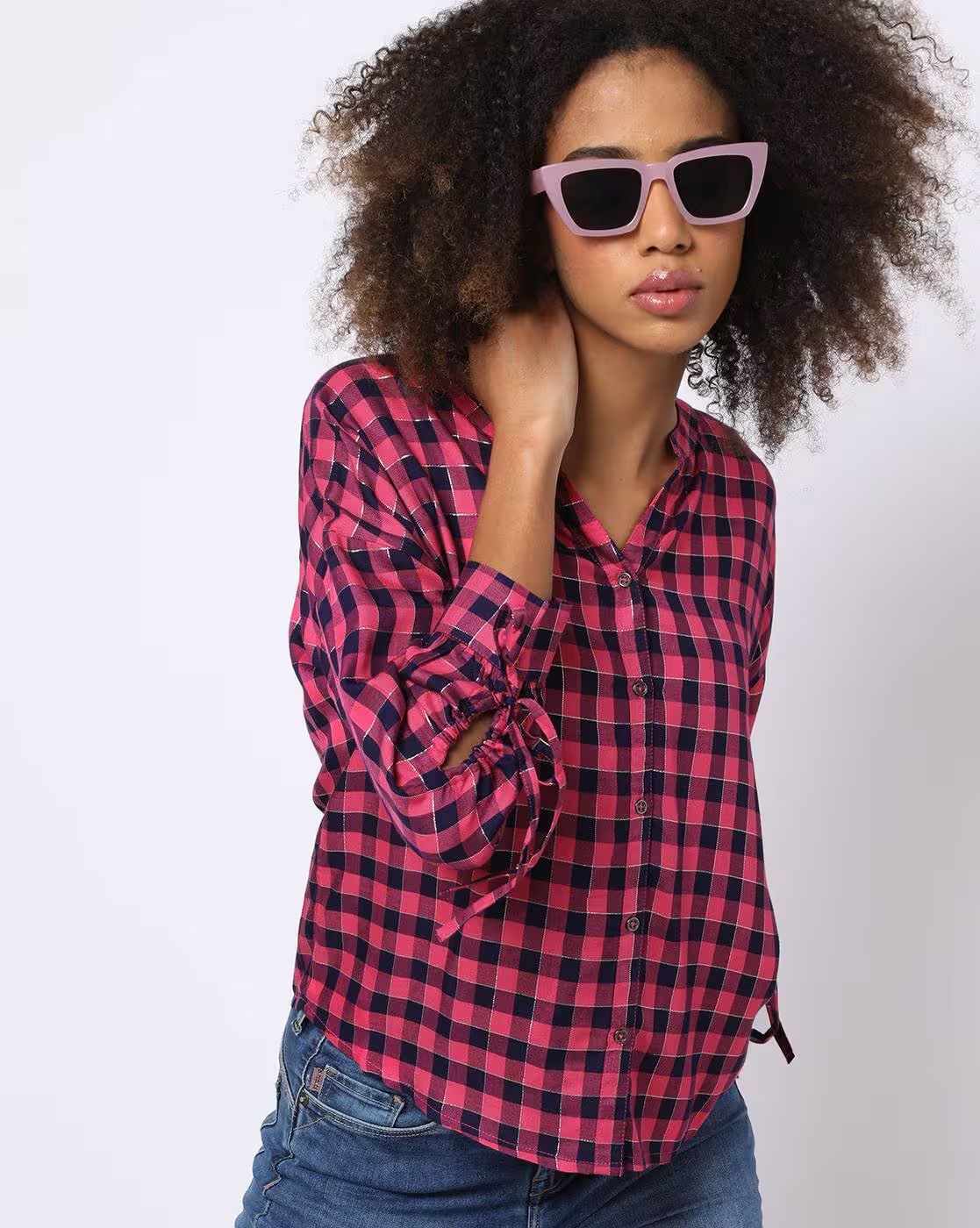 Checked Shirt with Sleeve Tie-Up - DNMX Pink