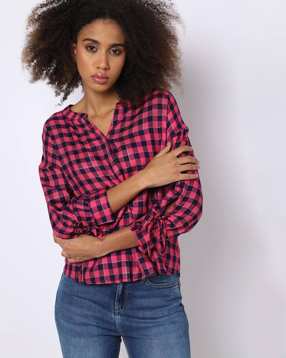 Checked Shirt with Sleeve Tie-Up - DNMX Pink
