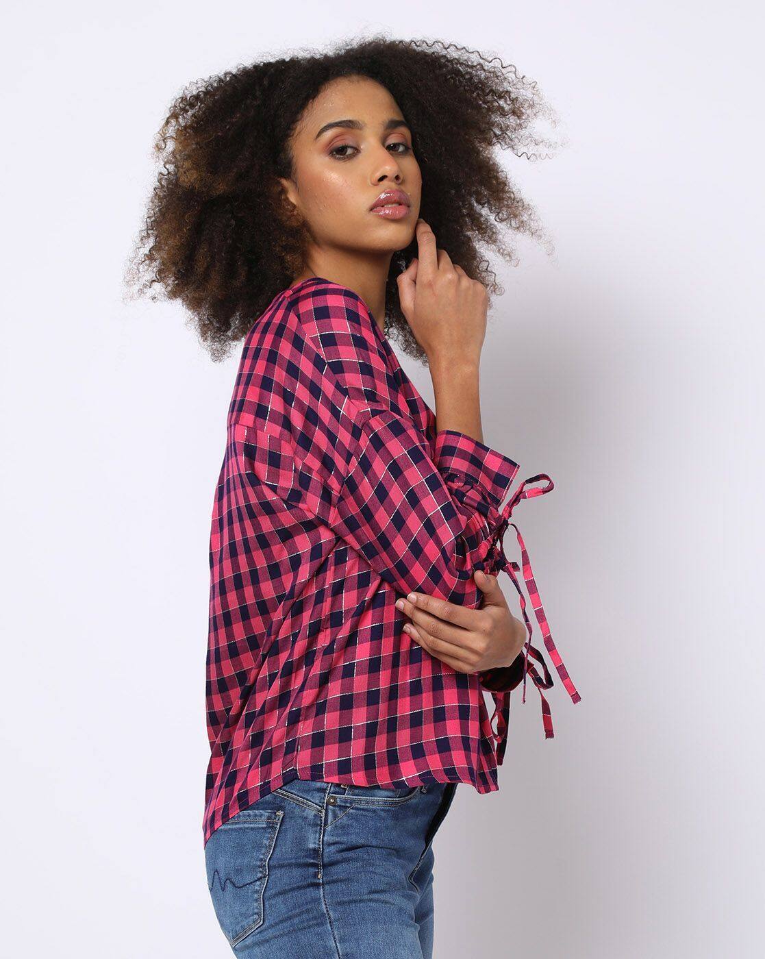 Checked Shirt with Sleeve Tie-Up - DNMX Pink