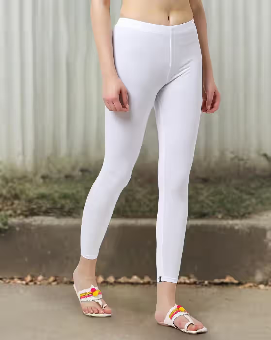 Ankle-Length Leggings with Elasticated Waist - AVAASA MIX N' MATCH White