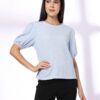 Women Relaxed Fit Sweatshirt with Puffed Sleeves - FIG Blue