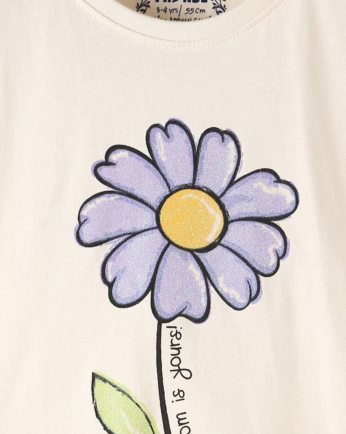 Girls Bloom Floral Print Regular Fit Round-Neck T-Shirt - KG FRENDZ Off White