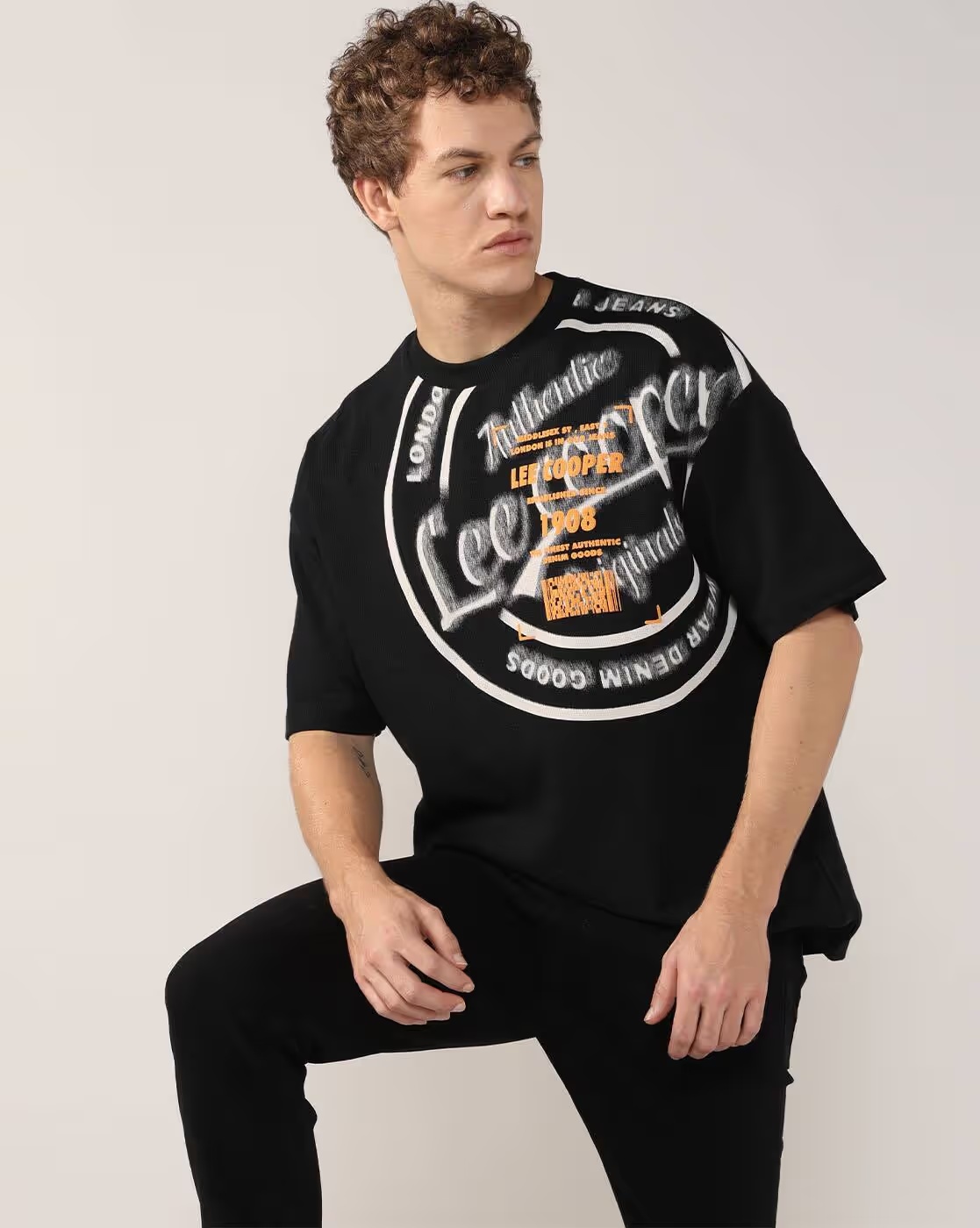 Men Brand Print Oversized Fit Crew-Neck T-Shirt - Lee Cooper Black