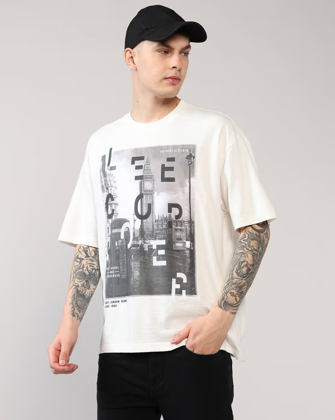 Men Graphic Print Oversized Crew-Neck T-Shirt - Lee Cooper Off White
