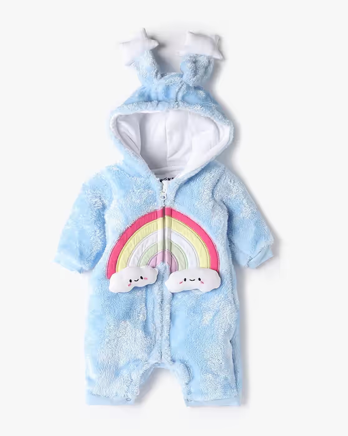 Girls Embroidered Fur Hooded Romper - INF FRENDZ Sky Blue