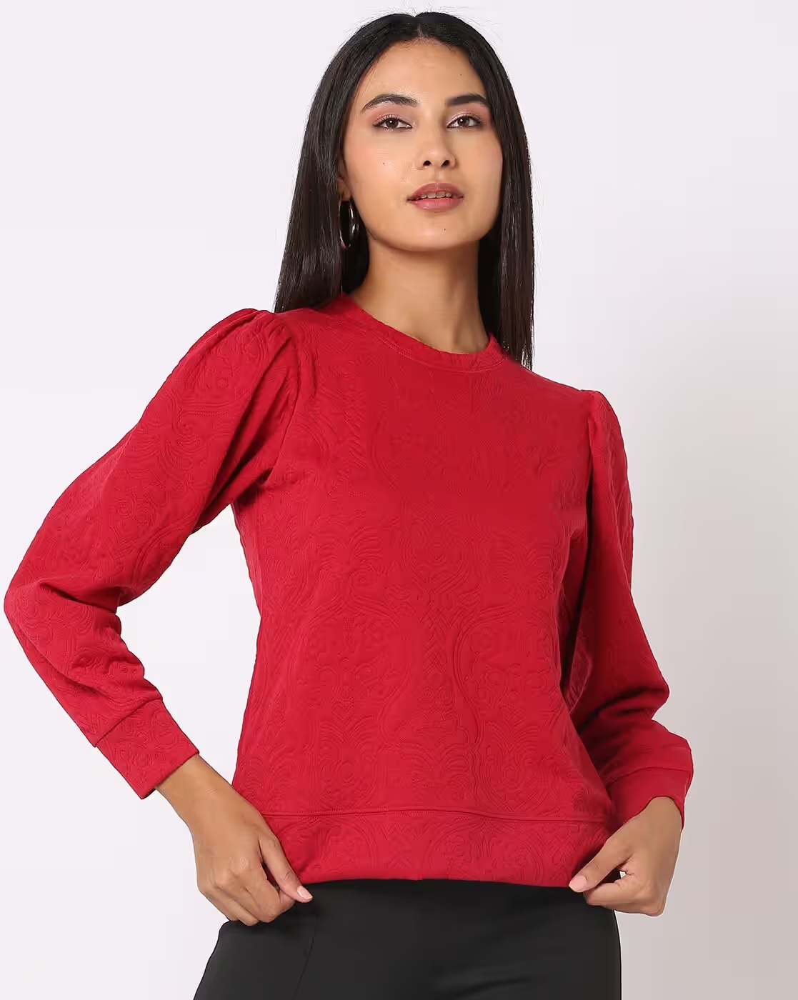 Floral Pattern Sweatshirt with Ribbed Hem - FIG Red