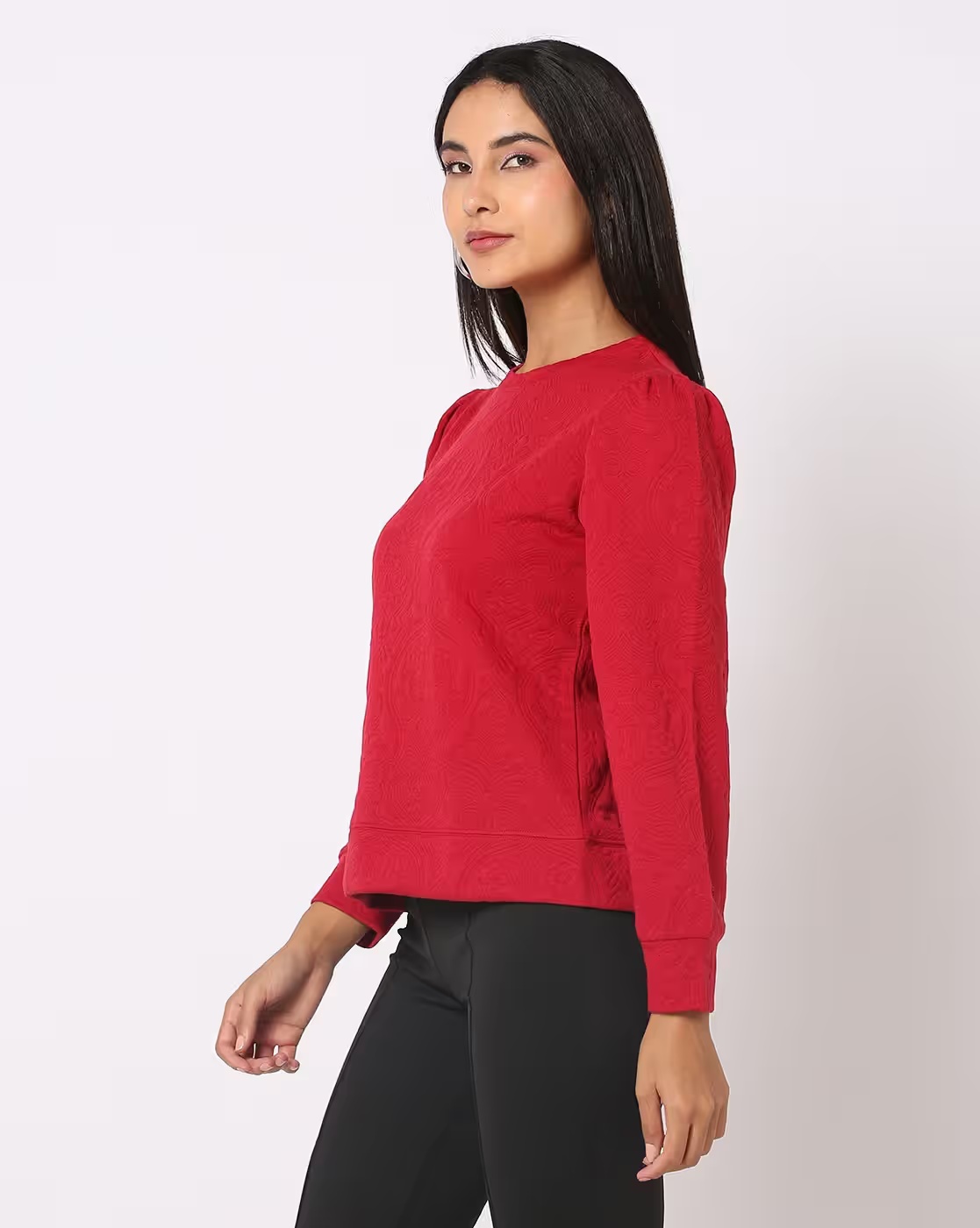 Floral Pattern Sweatshirt with Ribbed Hem - FIG Red