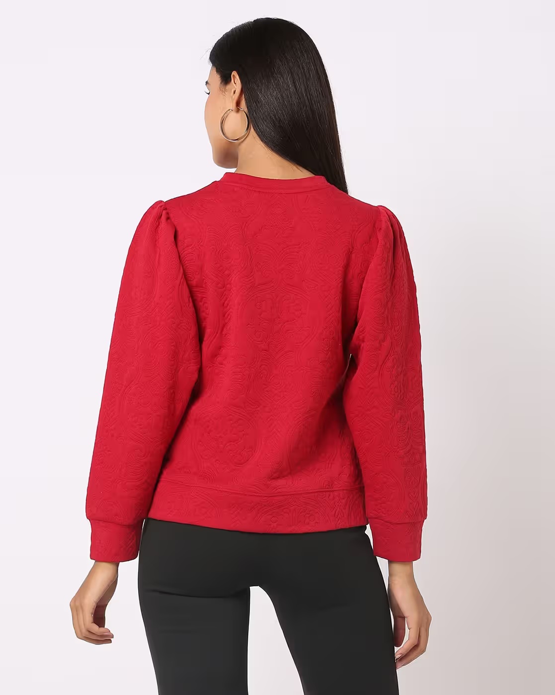 Floral Pattern Sweatshirt with Ribbed Hem - FIG Red