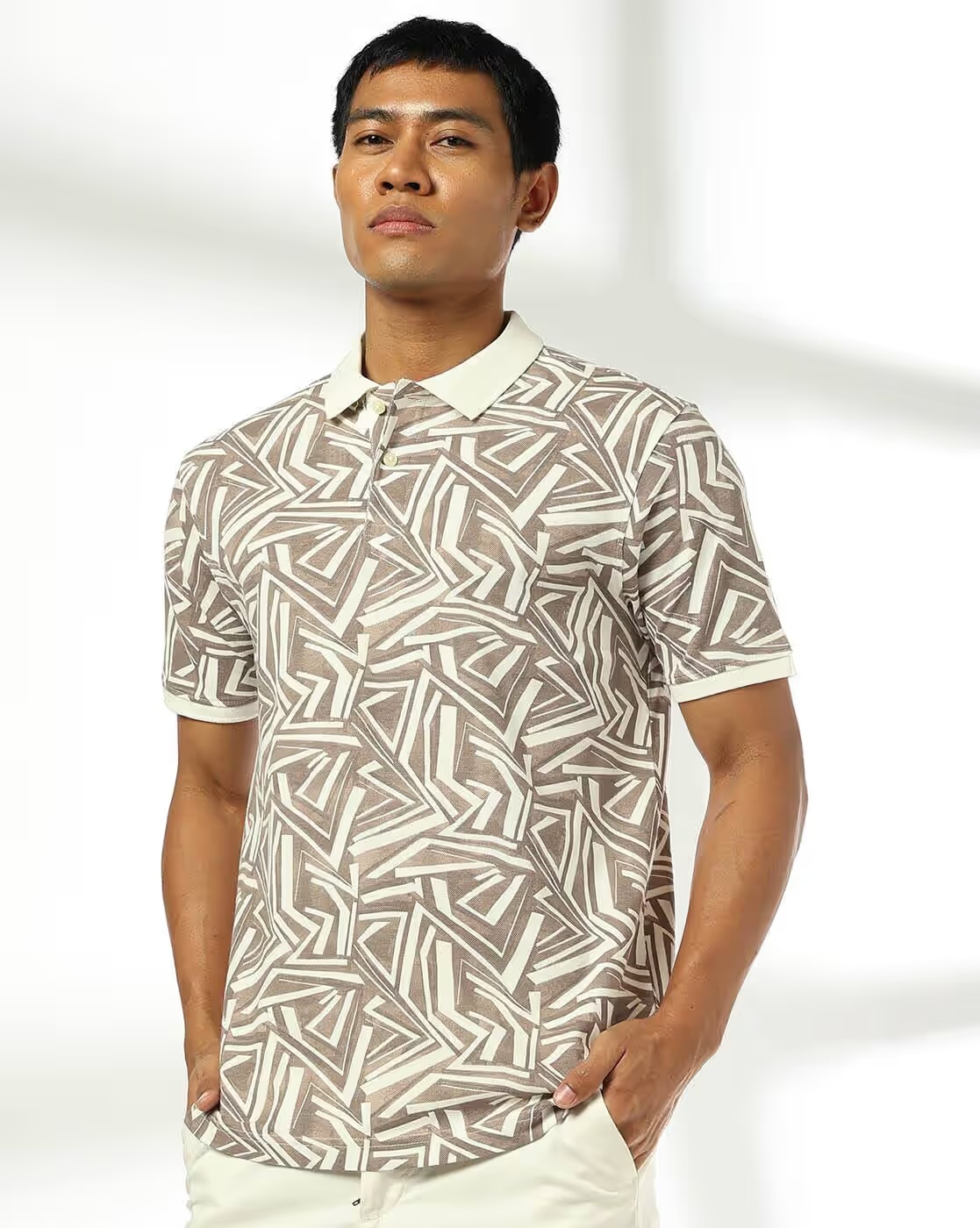 Men All-Over Print Slim Fit Polo T-Shirt - NETPLAY Brown