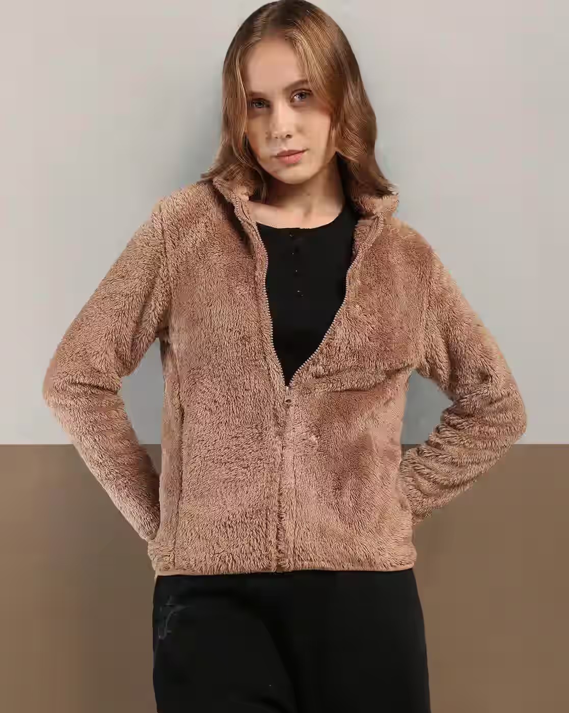 Women Regular Fit Zip-Front Faux-Fur Jacket - DNMX