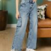 Women Heavily Washed Relaxed Fit Cargo Jeans - DNMX Blue