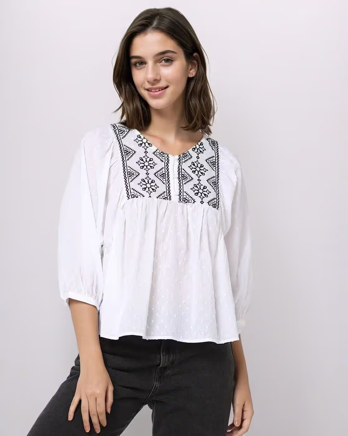 Embroidered V-Neck Peplum Top - DNMX Off White