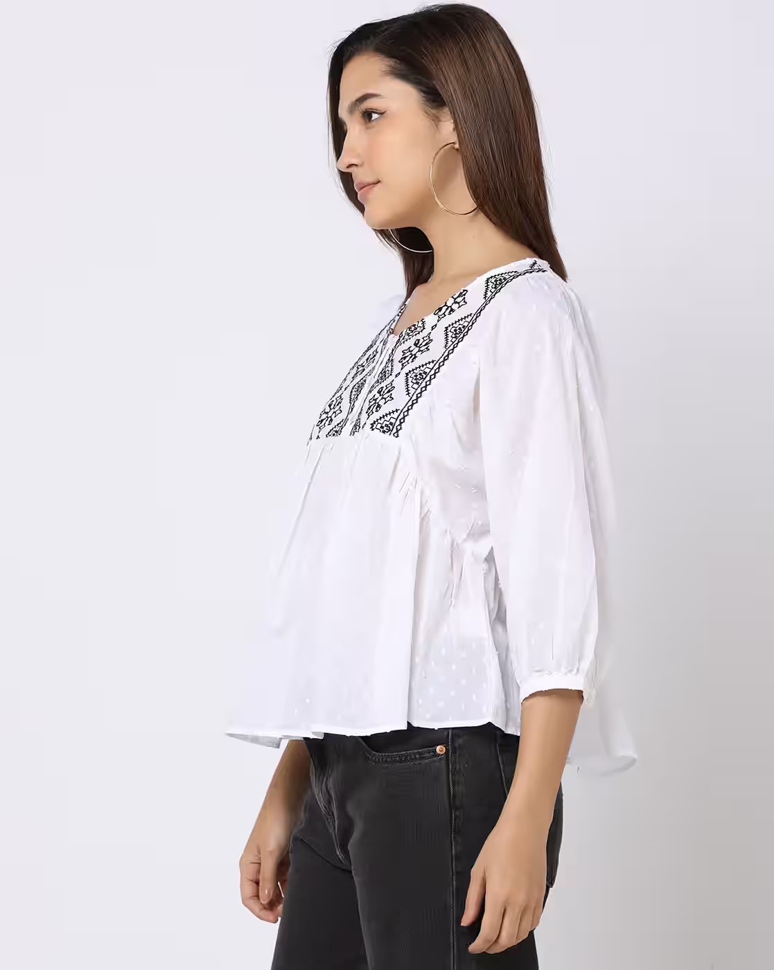 Embroidered V-Neck Peplum Top - DNMX Off White