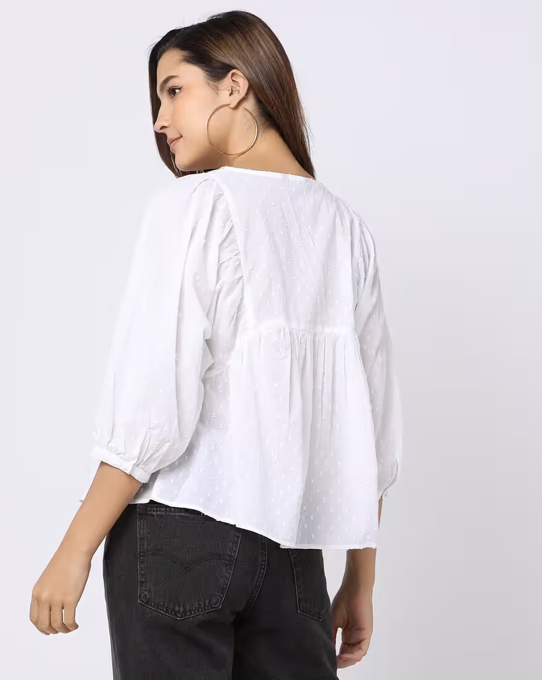 Embroidered V-Neck Peplum Top - DNMX Off White