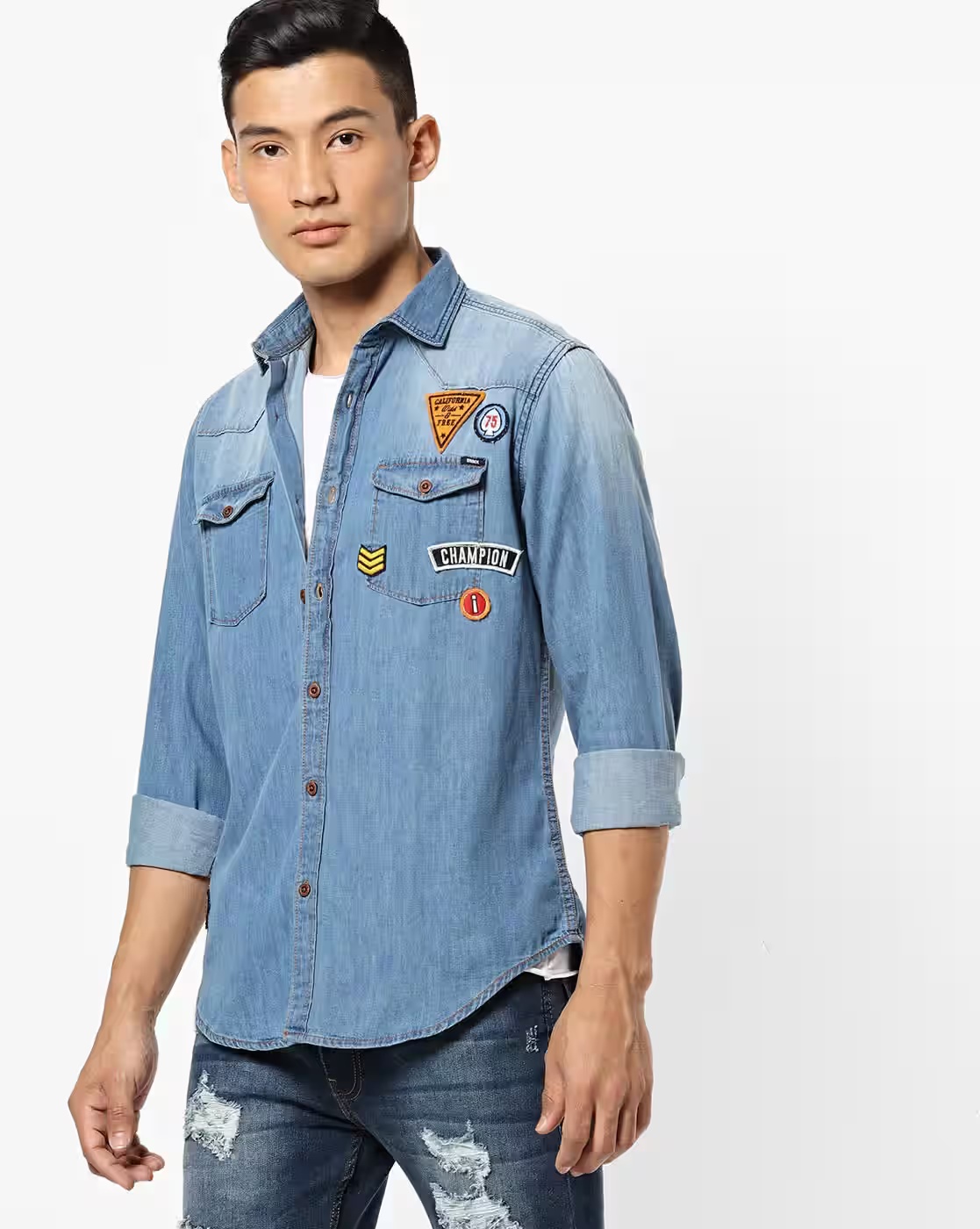 Slim Fit Denim Shirt with Applique - DNMX Blue