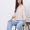 Striped Top with Smocked Hemline - DNMX Pink