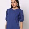 Round-Neck Top with Schiffli Embroidered Sleeves - DNMX Blue