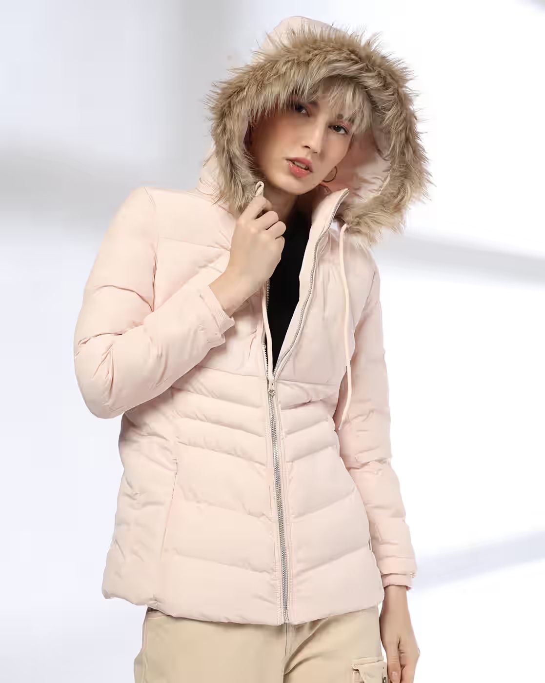 Women Regular Fit Zip-Front Hooded Puffer Jacket - DNMX Pink