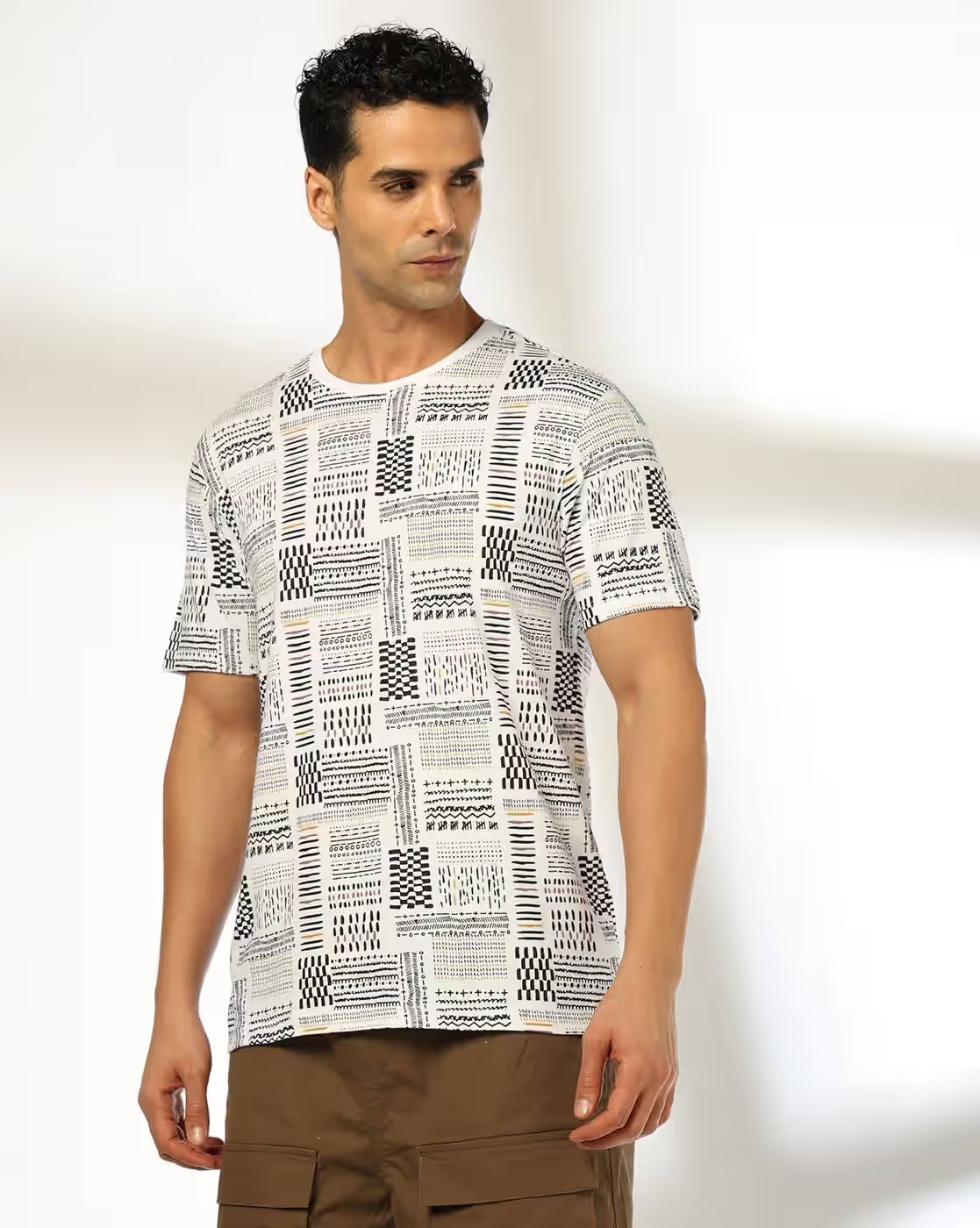 Men All-Over Print Regular Fit Crew-Neck T-Shirt - DNMX White
