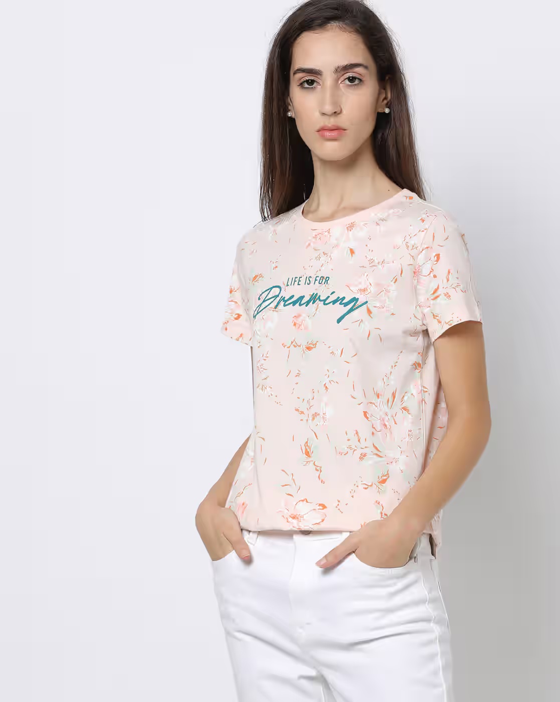 Floral Print Slim Fit Crew-Neck T-Shirt - DNMX Pink