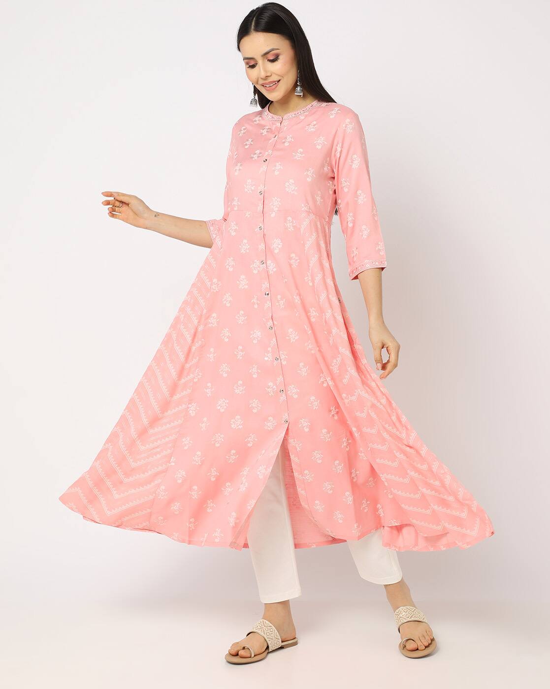 Floral Print Flared Kurta - AVAASA MIX N' MATCH Peach