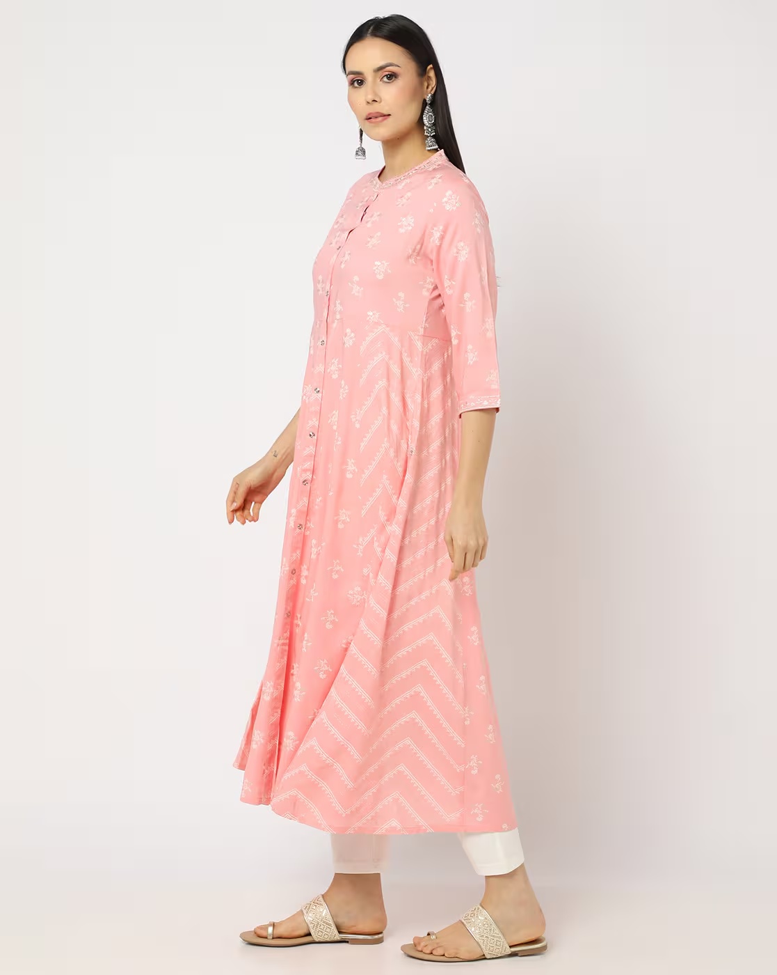 Floral Print Flared Kurta - AVAASA MIX N' MATCH Peach