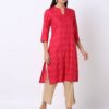 Ikat Print Straight Kurta with Mandarin Collar - AVAASA MIX N' MATCH Pink