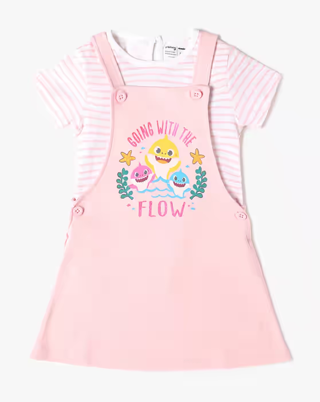 Baby Shark Print Dungaree Dress with T-Shirt - INF FRENDZ Pink