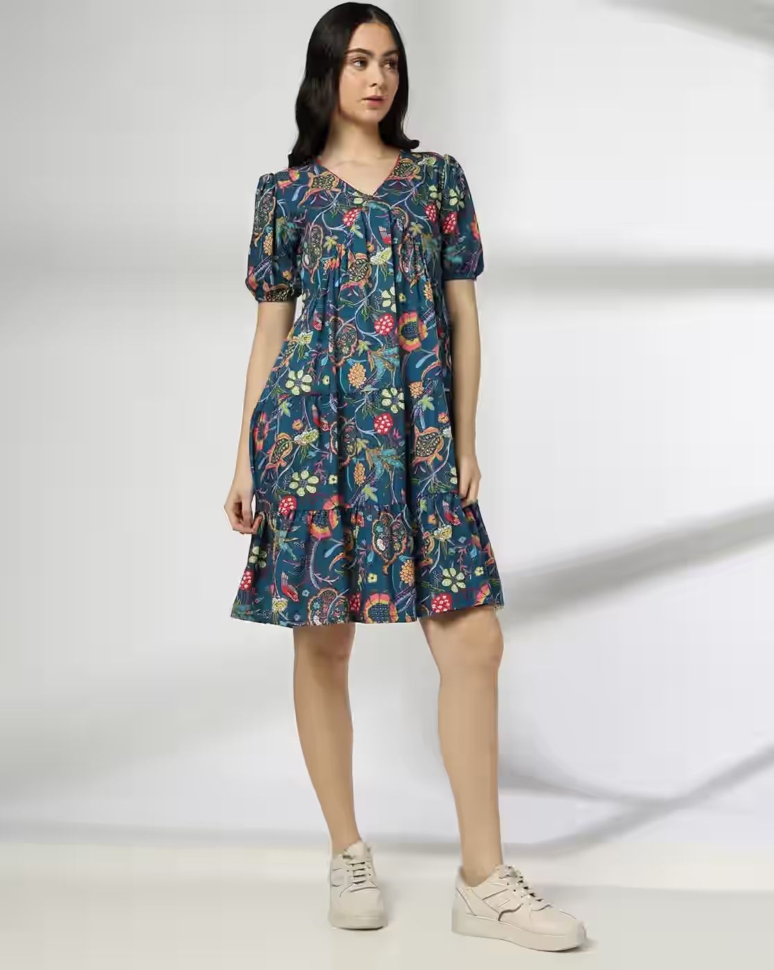 Women Floral Print Tiered Dress - FUSION Royal Blue