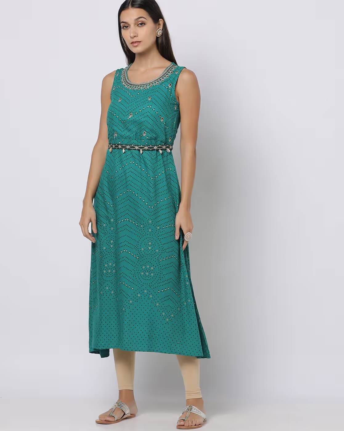 Bandhani Print A-Line Kurta with Belt - FUSION Green