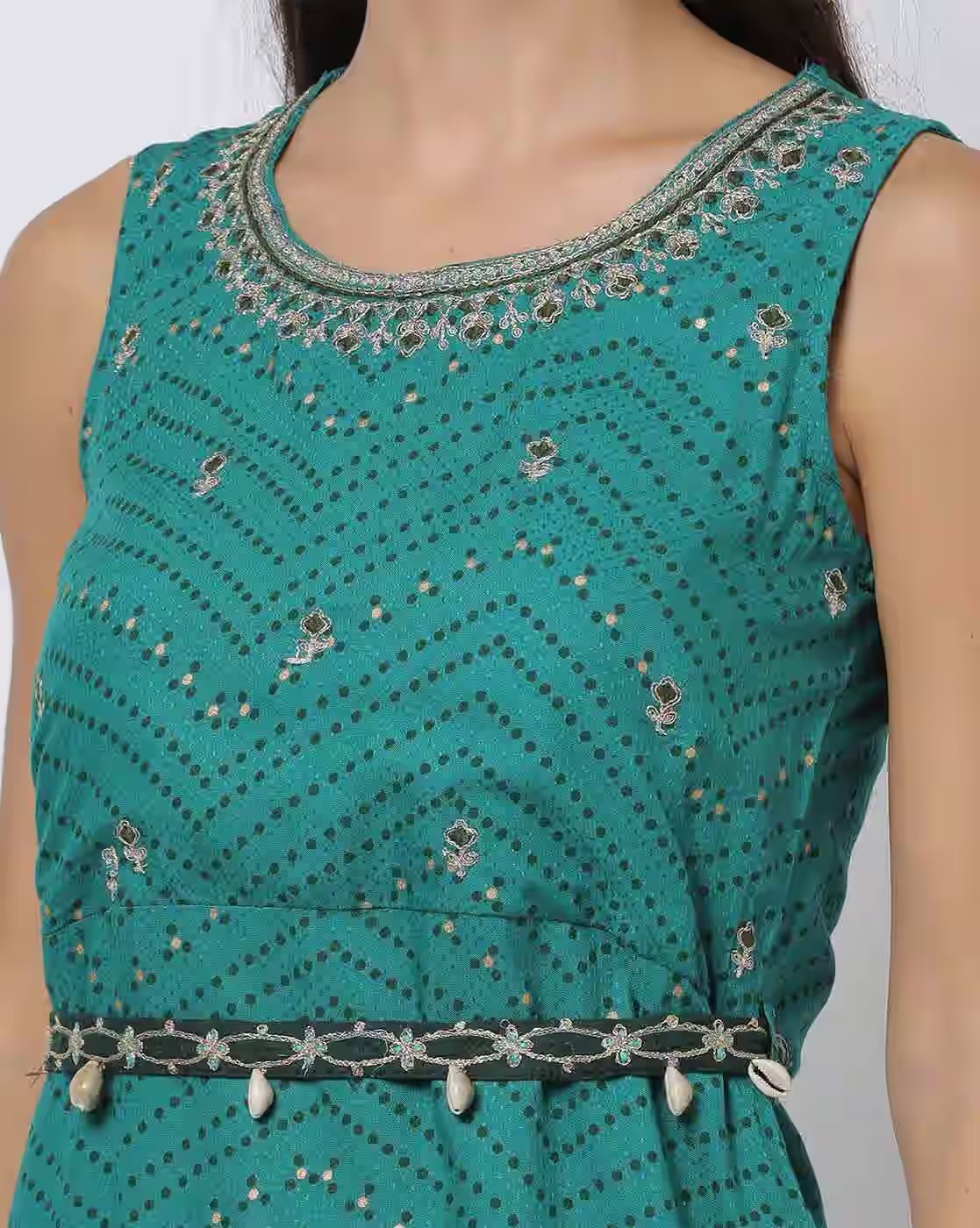 Bandhani Print A-Line Kurta with Belt - FUSION Green