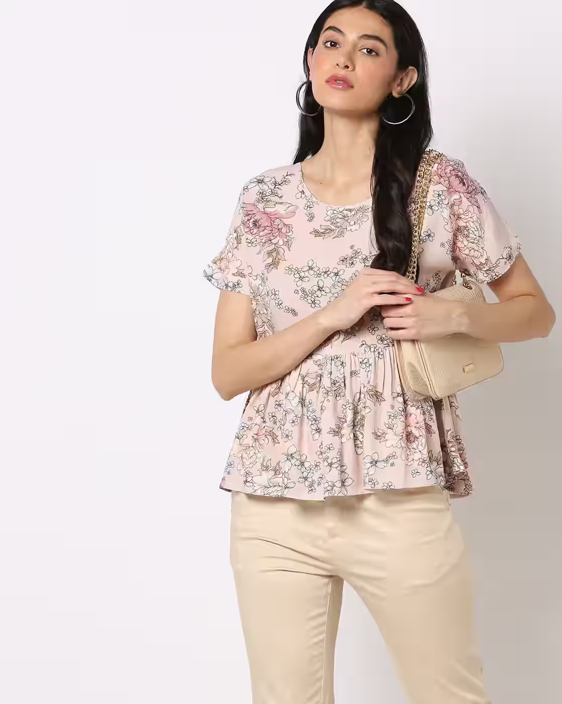 Floral Print Peplum Top - FIG Peach