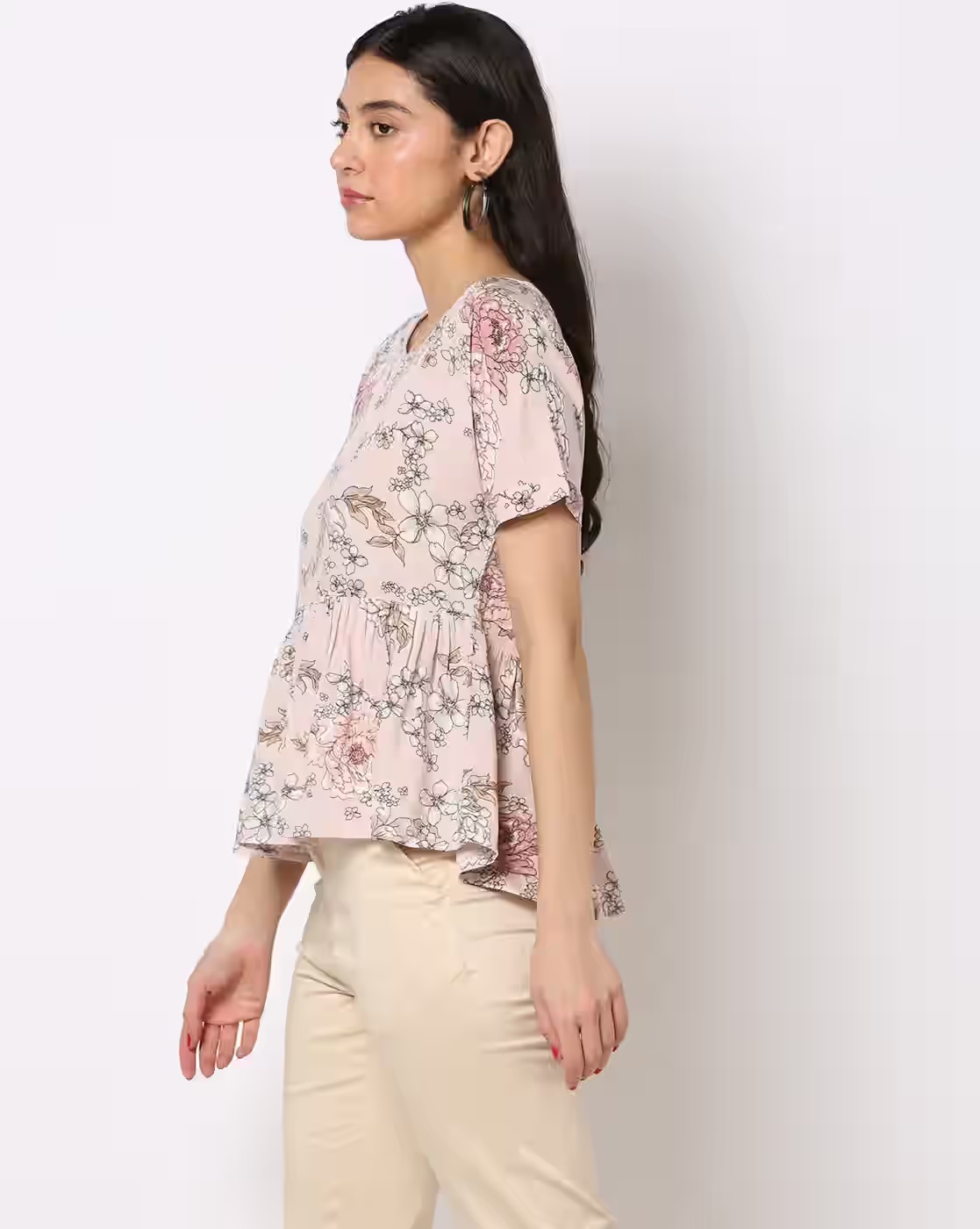Floral Print Peplum Top - FIG Peach
